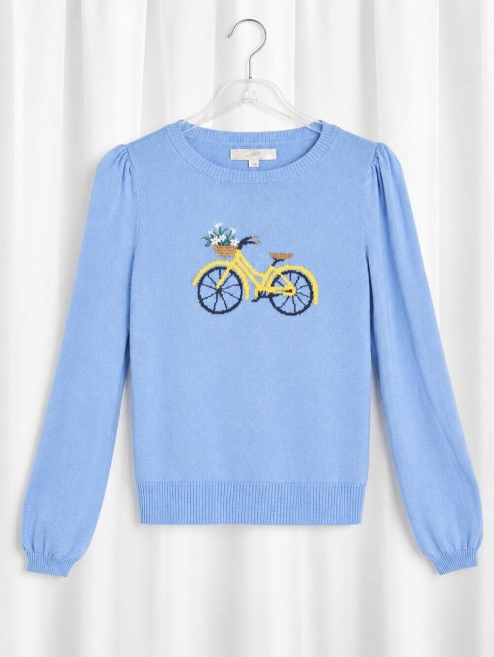 LOFT Sky Blue Puff Sleeve Parisian Chic Bicycle Classic Americana Knit Sweater
